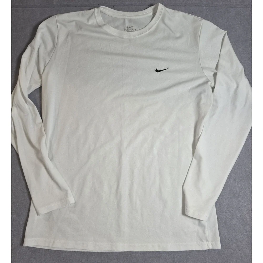 NIKE Fit Dry Polyester Crew Neck Long Sleeve T-Shirt Size XL WHITE